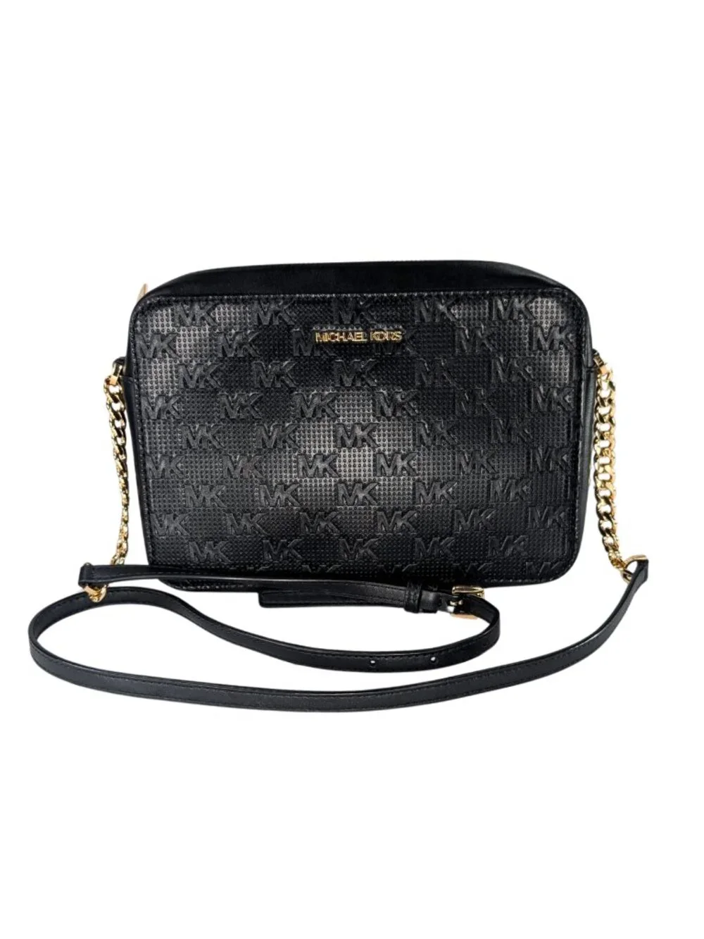 Michael Kors Black Leather Embossed Signature Gold Chain Jet Set Crossbody